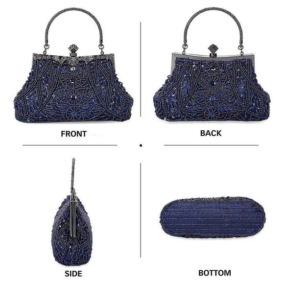 Vintage Beaded Clutch Evening Bag,  Navy Blue